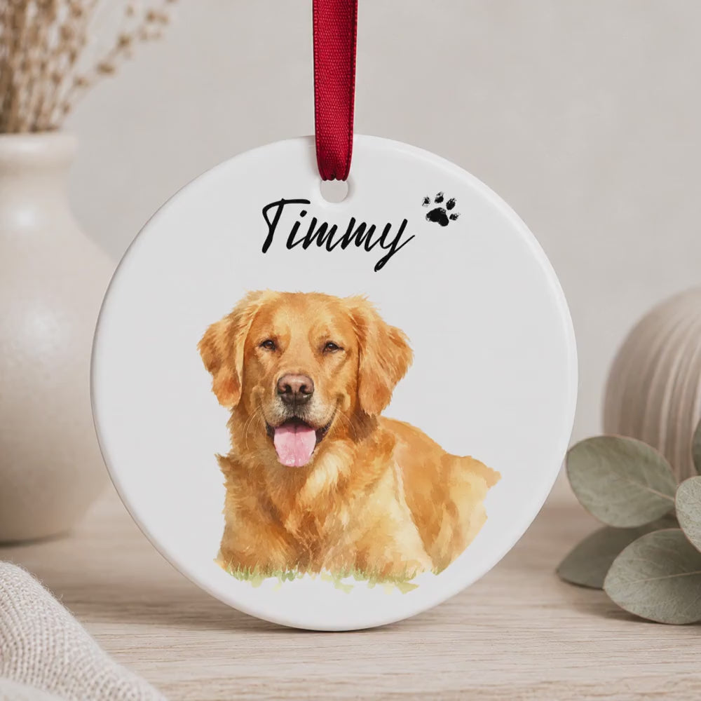Personalisiertes Hunde Haustier Ornament Aquarell, Keramik Anhänger mit Foto Name & Text, Geschenk Hundebesitzer Erinnerung Weihnachten