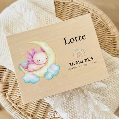 Personalized Baby Keepsake Box Wood with Name & Birth Details | Axolotl Moon Design | Baby Memory Box for Birth or Baptism | Baby Gift