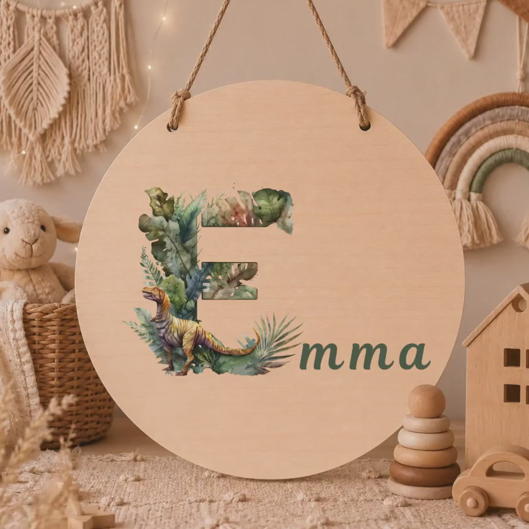 Personalisiertes Holzschild mit Buchstabe & Name | Dino Kinderzimmer Deko | Namensschild aus Holz | Geschenk zur Geburt Taufe Geschenk