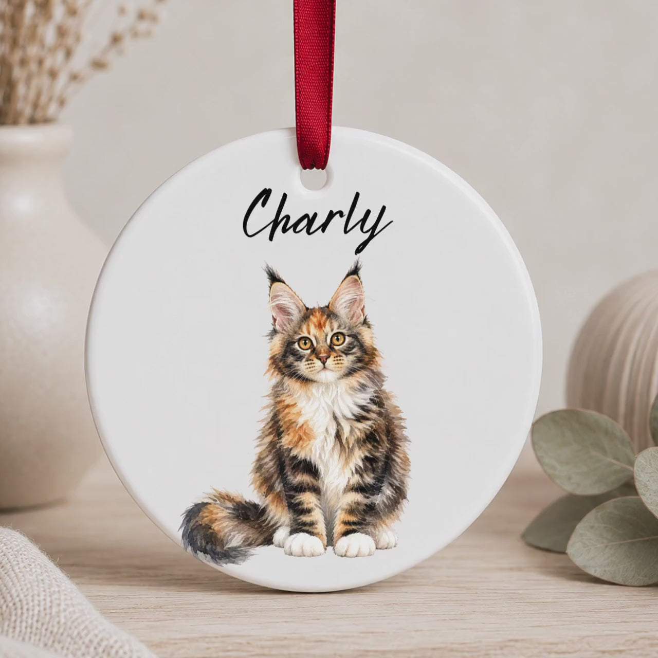 Personalisiertes Katzen Haustier Ornament Aquarell, Keramik Anhänger mit Foto Name & Text, Geschenk Katzenbesitzer Erinnerung Watercolor