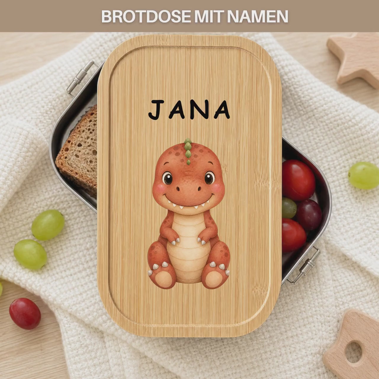 Personalisierte Dino Brotdose mit Namen, Edelstahl Lunchbox mit Bambusdeckel, 5 Dino Motive, Kinder Brotdose mit Trenner Einschulung