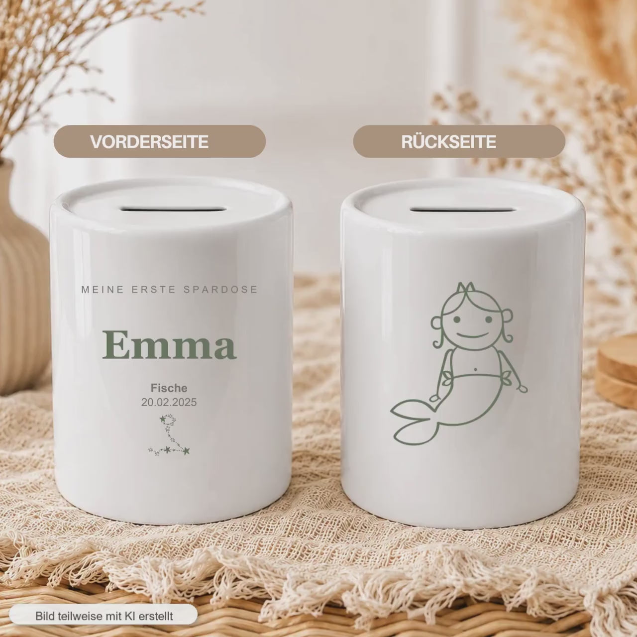 Personalisierte Kinder Spardose mit Sternzeichen, Name und Datum, Geschenk zur Geburt Taufe Geburtstag, erste Spardose Baby Mädchen Junge