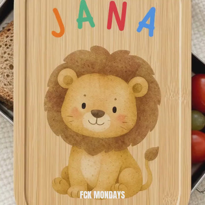 Personalisierte Brotdose mit Namen, Kinder Lunchbox Edelstahl mit Bambusdeckel, Tiermotiv Aquarell, Kita Einschulung Geschenk Geburtstag