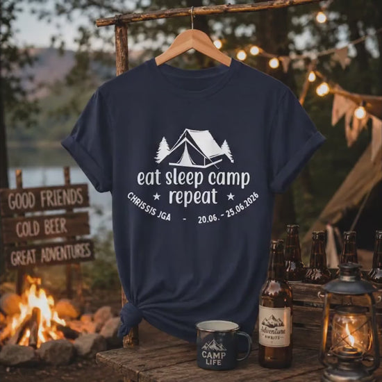 Camping JGA Shirt Herren | Männer Abenteuer Urlaub Shirt | Eat Sleep Camp Repeat | Junggesellenabschied Camping Trip