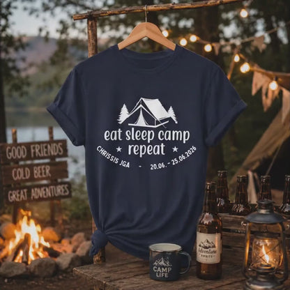 Camping JGA Shirt Herren | Männer Abenteuer Urlaub Shirt | Eat Sleep Camp Repeat | Junggesellenabschied Camping Trip